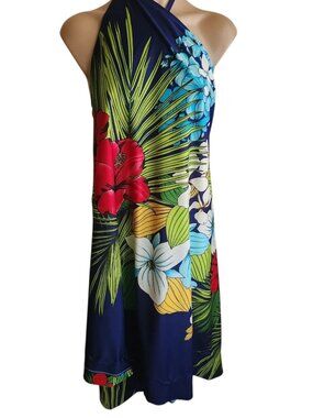 Vintage Sarong Floral Flowers Navy Blue Swim Cover UP Hawaiian Tropical One Size